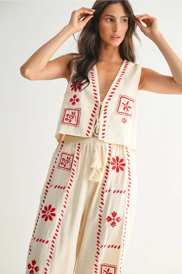 Damen Zweiteiler Leinen-Set mit Stickerei | Ärmellose Weste &amp; Weite Hose | Luftiges Sommer-Set | Boho Stil