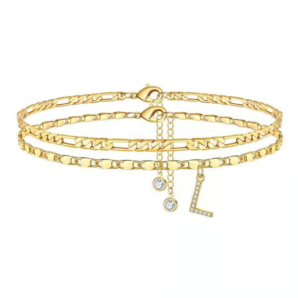 Chaîne de cheville lettres multicouches et réglable | Hypoallergénique, sans nickel ni plomb | Or/argent | 21,5 cm + 5 cm