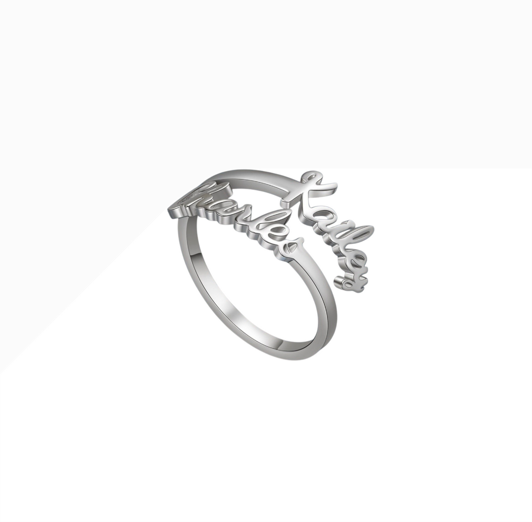 Personalisierbarer Namensring mit 2 Namen | Edelstahl mit 18K-Vergoldung | Verstellbare Größe | Gold, Silber &amp; Roségold