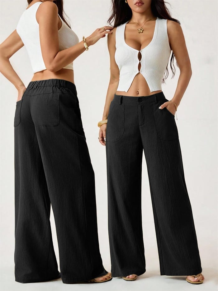 Damen Palazzo Hose aus Baumwoll-Leinen | High Waist Sommerhose mit Weitem Bein &amp; Taschen | Luftig &amp; Bequem