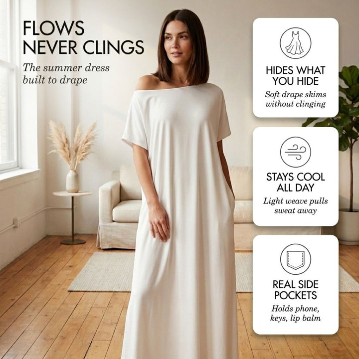 Off-shoulder maxi dress with pockets | Loose and airy | Summer dress with wide neckline S–2XL