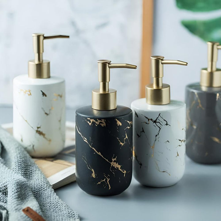 Distributeur de savon de luxe en céramique | Aspect marbre &amp; accents dorés | 400 ml, élégant pour salle de bain &amp; cuisine