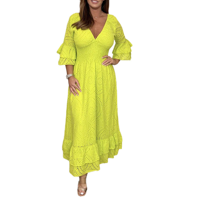Damen Midikleid V-Ausschnitt mit hoher Taille | Bestickte Ärmel, elastischer Bund | Luftig aus Baumwolle | Elegant &amp; Alltag