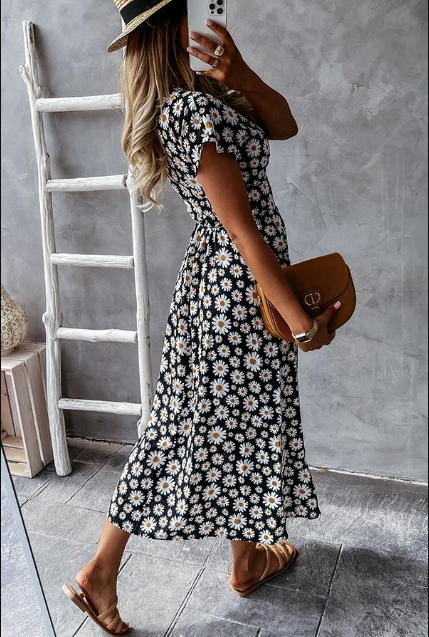 Damen Midikleid mit Gänseblümchenmuster | A-Linie &amp; herzförmiger Ausschnitt | Leichtes Material für Sommer &amp; Events