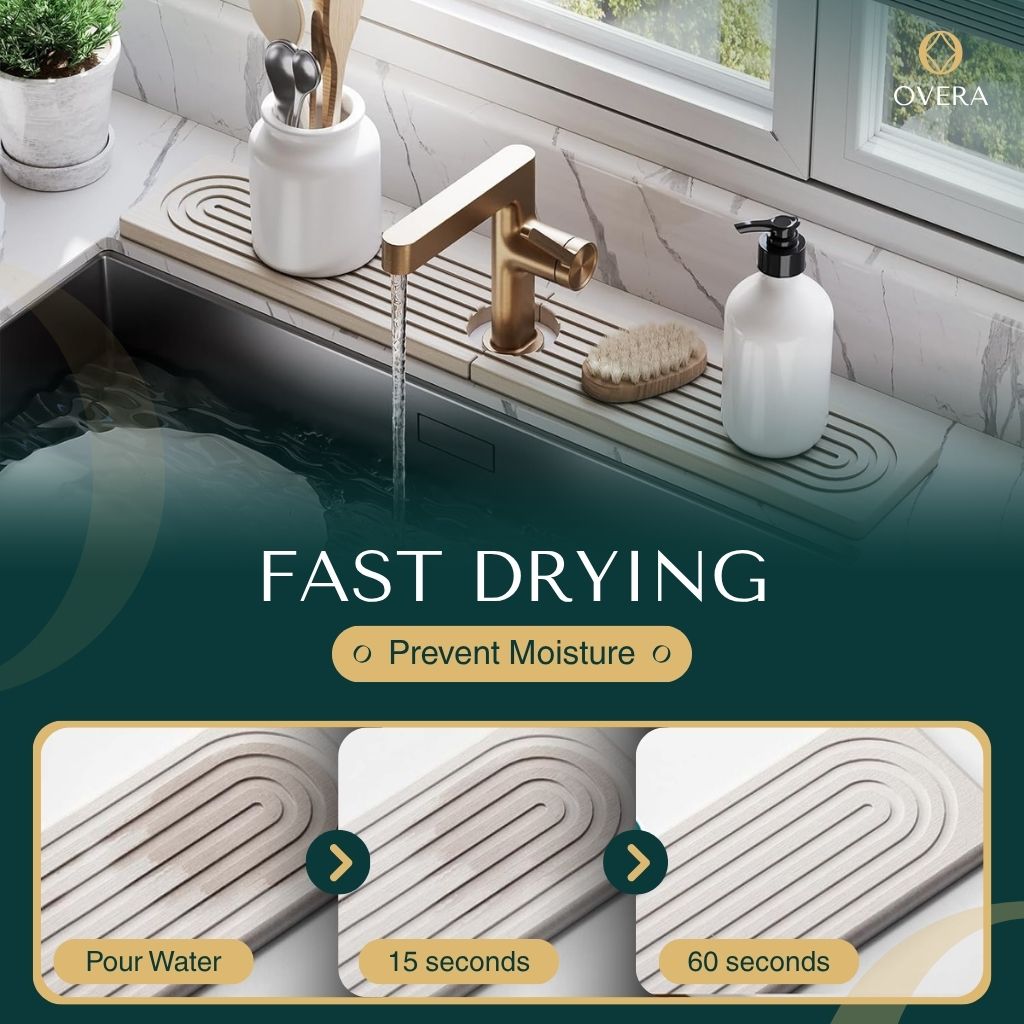 Superabsorbierende Steinmatte für Spüle &amp; Wasserhahn | Diatomit-Abtropfmatte 60 × 10 cm | Schnell trocknend &amp; geruchsarm