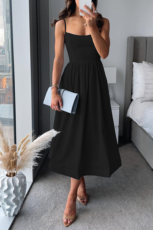 Midikleid in A-Linie mit Spaghettiträgern &amp; Taillengürtel | Feminine Silhouette, leichter Fall | Für Sommerfeste &amp; Abendlooks