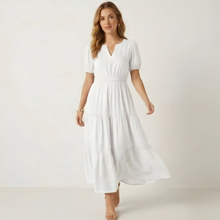 Maxi dress with smocked waist &amp; tiered ruffles | V-neck, butterfly sleeves &amp; pockets | Airy, figure-flattering