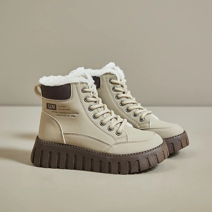 Damen Winterstiefel mit dickem Fellfutter | Warme Schnürstiefel mit rutschfester Profilsohle in Schwarz und Khaki für kalte Tage
