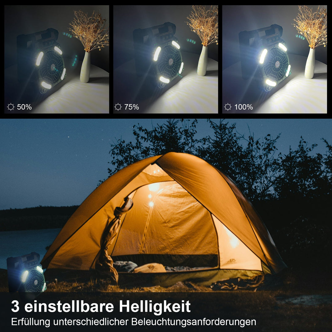 Portable solar camping fan | LED light &amp; 20800 mAh power bank | Sun breeze