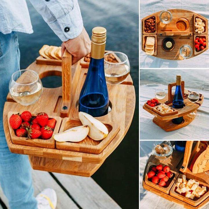 Table en bois pour pique-nique &amp; vin | Place pour bouteille, 2 verres &amp; snacks | Bois massif avec poignée | compact pour emporter