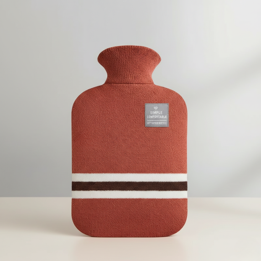 Wärmflasche 2 Liter mit Strickbezug | 25,5 × 15,5 cm Wärmflasche aus PVC mit 6–8 Std. Wärmespeicherung und großer Öffnung