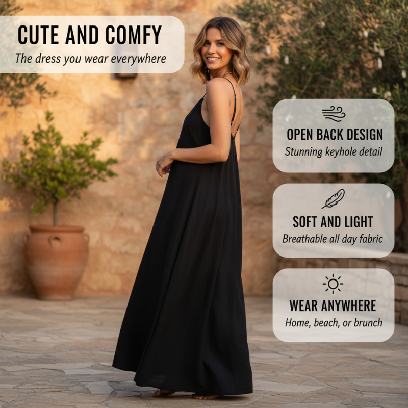 Rückenloses Maxi-Trägerkleid mit Keyhole-Rücken | Fließende Loungewear-Passform | 95% Polyester, 5% Elasthan, S–2XL