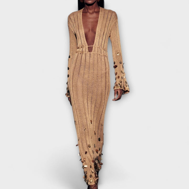 Damen Strick Maxikleid in Gold | Elegantes langes Kleid mit tiefem Ausschnitt, verstellbarer Taille und Paillettenärmeln für festliche Anlässe