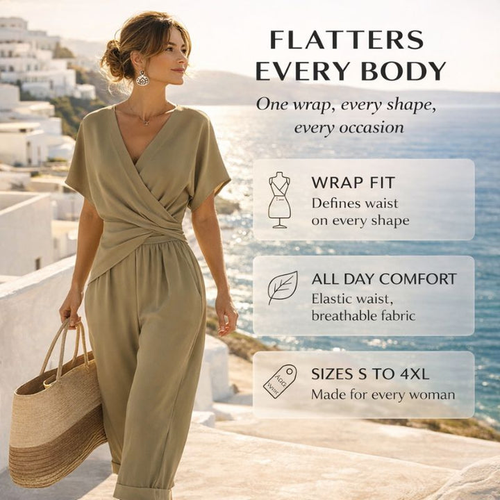 Damen Wickel-Zweiteiler mit V-Ausschnitt | Figurbetontes Top &amp; Weite Hose | Leicht &amp; atmungsaktiv S–4XL