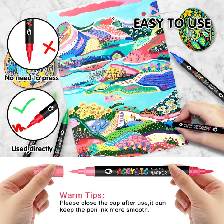 Acrylmarker Set mit Dual-Tip für kreative Projekte | Wasserbasiert, geruchslos &amp; wasserfest | 24–120 Farben