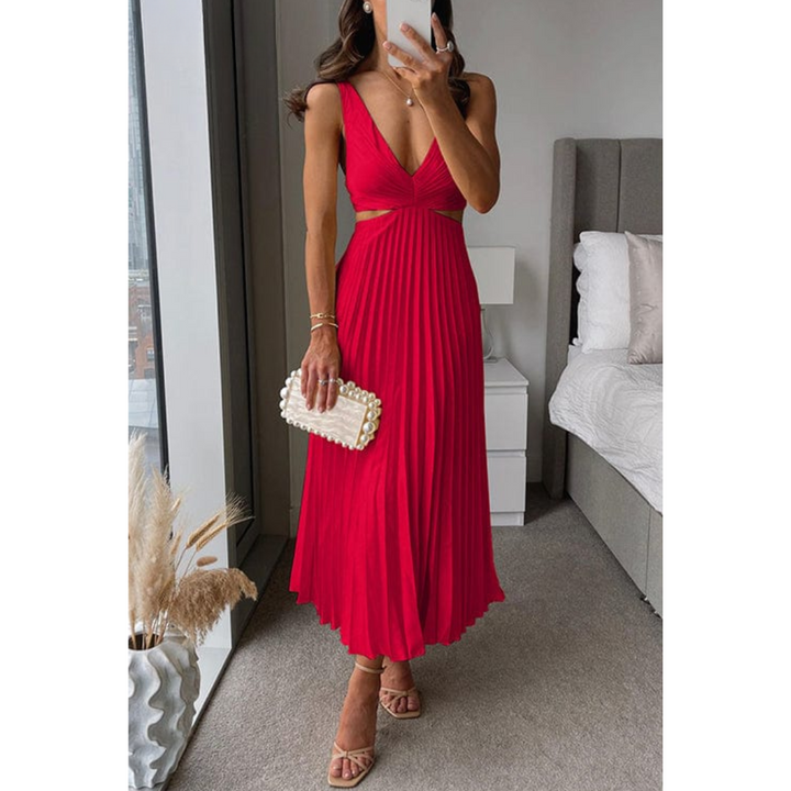 Pleated Midi Dress with V-neck &amp; Waist Cutouts | Sleeveless, Regular Fit | Elegant Dress for Events &amp; Evenings