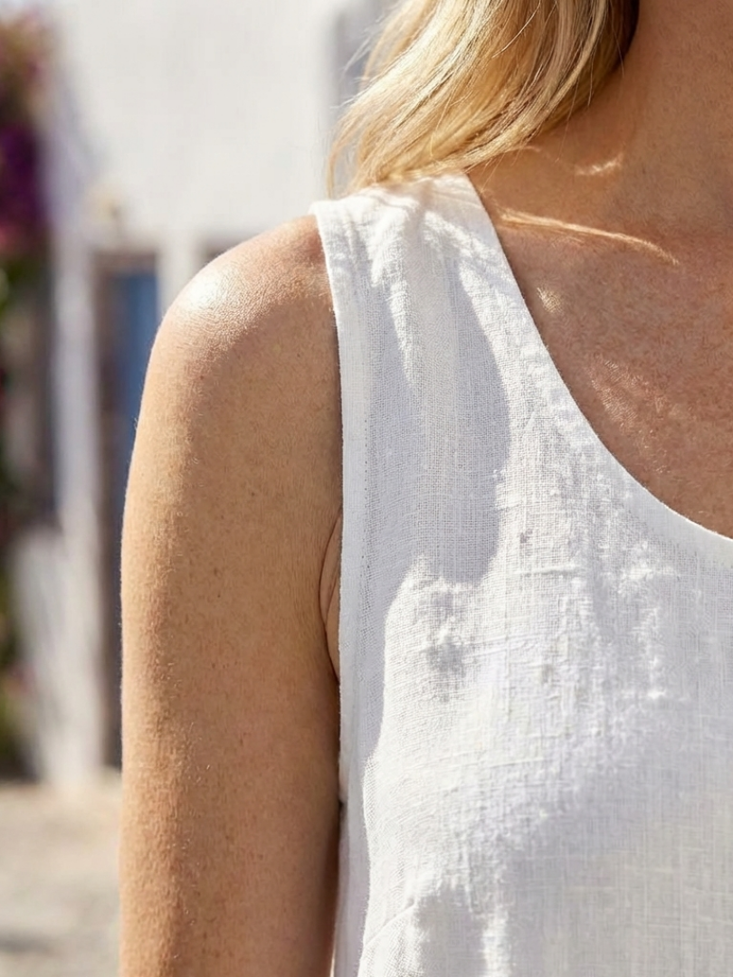 Damen Midi Kleid ärmellos mit Rundhalsausschnitt | Locker fallendes Sommerkleid aus Baumwollmischung | Luftig &amp; bequem | S–3XL