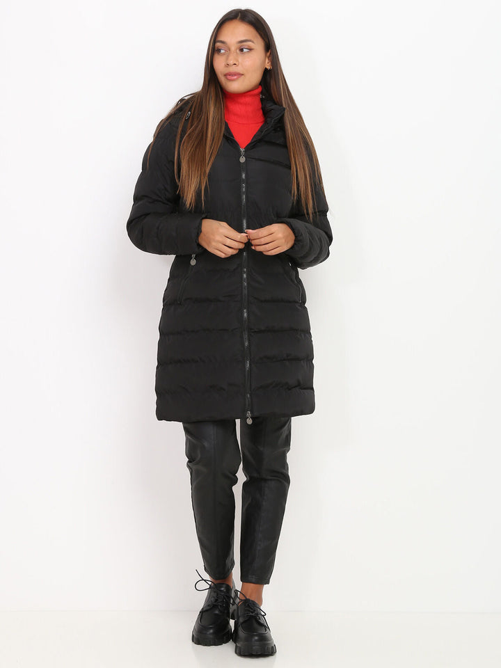Damen Daunen Winterjacke mit Kapuze | Langer Schnitt mit durchgehendem Reißverschluss für vielseitige Winterlooks