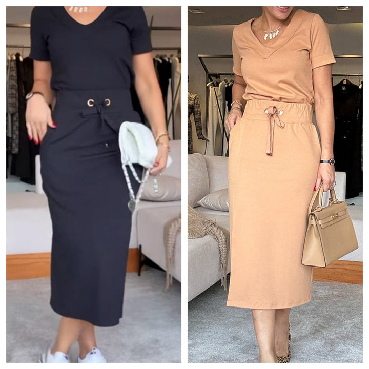 Damen V-Ausschnitt Top &amp; Rock Set | Figurbetont &amp; atmungsaktiv | Verstellbarer Bund, vielseitig kombinierbar