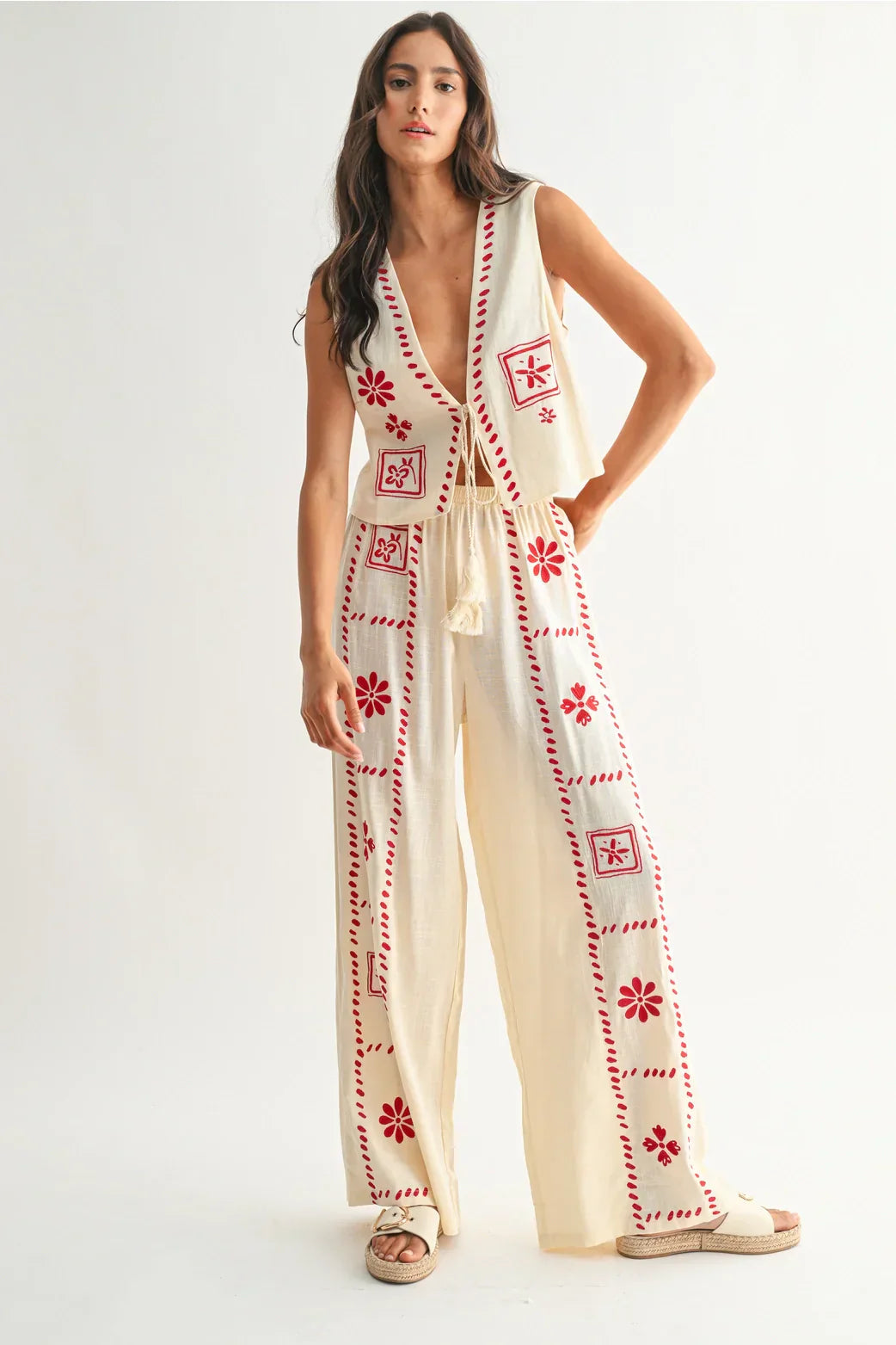 Damen Zweiteiler Leinen-Set mit Stickerei | Ärmellose Weste &amp; Weite Hose | Luftiges Sommer-Set | Boho Stil