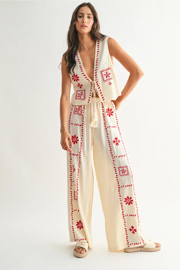 Damen Zweiteiler Leinen-Set mit Stickerei | Ärmellose Weste &amp; Weite Hose | Luftiges Sommer-Set | Boho Stil