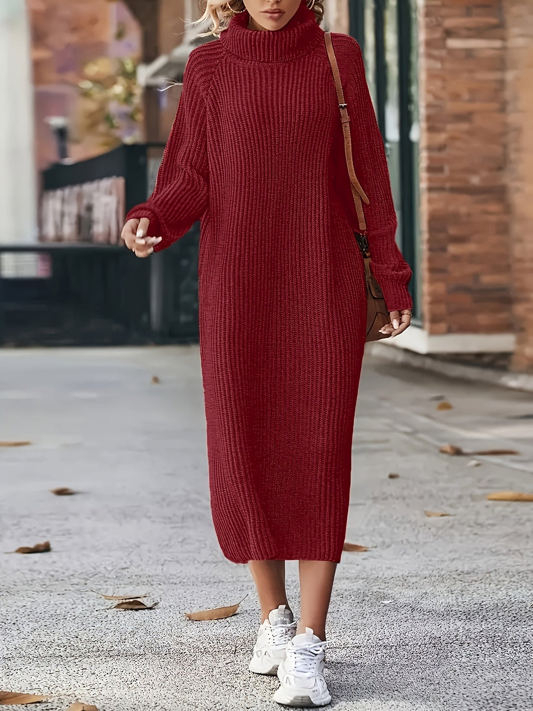 Damen Strickkleid Midi mit Rollkragen | Warmes Langarm-Pulloverkleid mit lockerer Passform und Raglanärmeln für Herbst und Winter