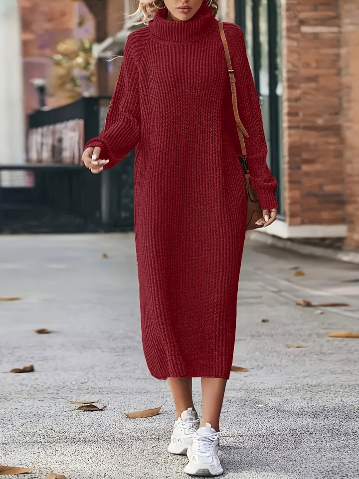 Damen Strickkleid Midi mit Rollkragen | Warmes Langarm-Pulloverkleid mit lockerer Passform und Raglanärmeln für Herbst und Winter