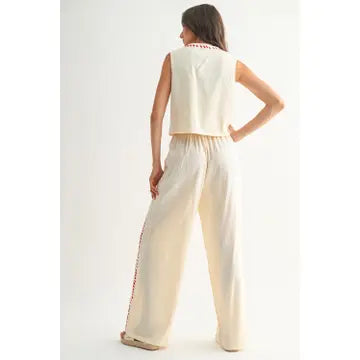 Damen Zweiteiler Leinen-Set mit Stickerei | Ärmellose Weste &amp; Weite Hose | Luftiges Sommer-Set | Boho Stil