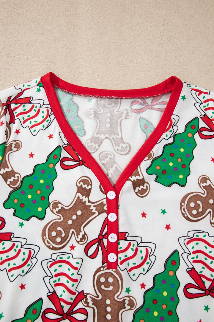 Damen Weihnachtspyjama 2-teilig in Weiß | Langarmoberteil mit V-Ausschnitt und Knöpfen | Lange Hose mit verstellbarem Kordelzug