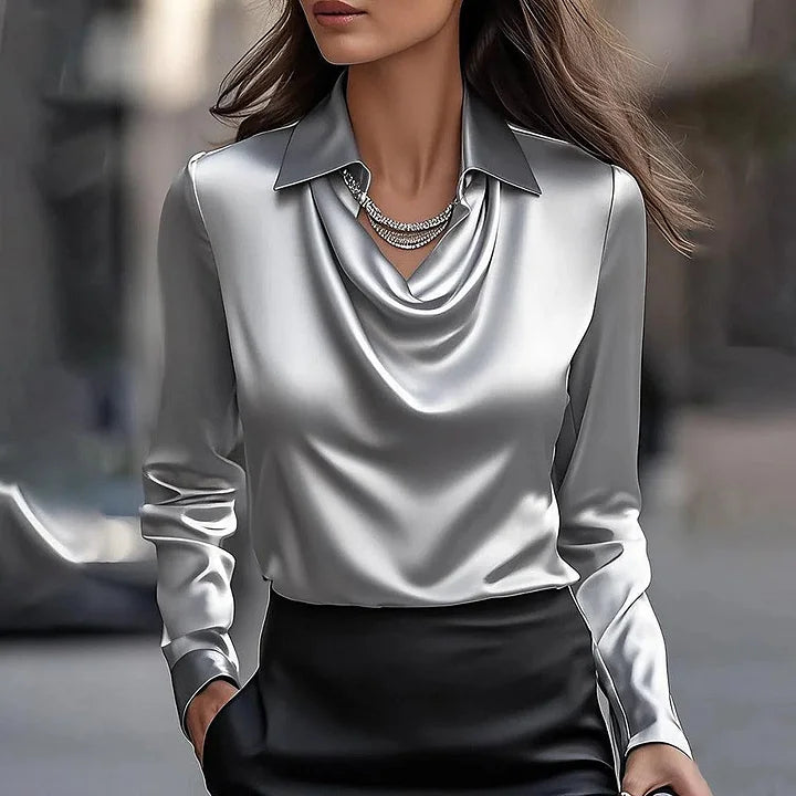 Damenbluse mit Wasserfall-Ausschnitt | Elegante Langarmbluse mit lockerer Passform für Büro und Alltag