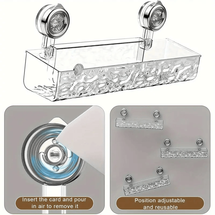 Duschregal mit Saugnäpfen 30,8 cm | Transparente Badezimmerablage ohne Bohren | Mit Haken für Shampoo, Seife &amp; Badzubehör