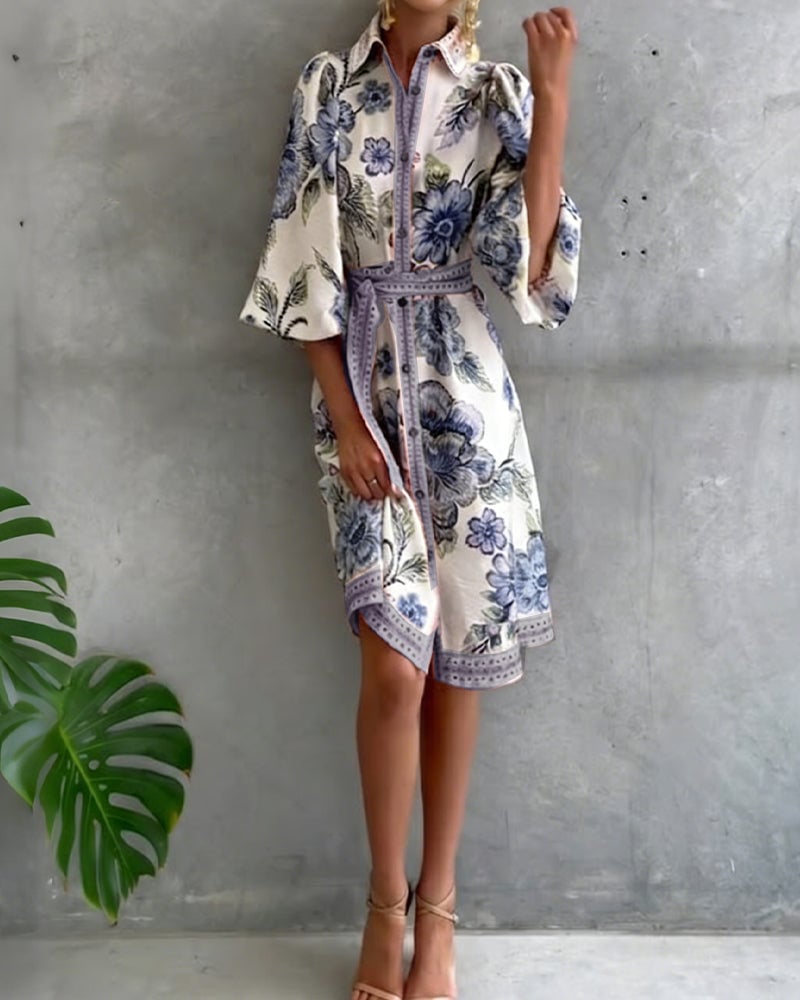 Damen A-Linien Kleid mit Print | Knielanges Kleid mit Reverskragen &amp; Laternenärmeln | Elegant für Frühling &amp; Sommer