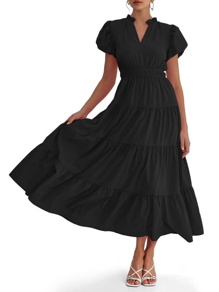 Damen Midikleid mit Puffärmeln &amp; V-Ausschnitt | Gesmokte Taille &amp; stufiger Rock | Fließend, atmungsaktiv, S–XXL