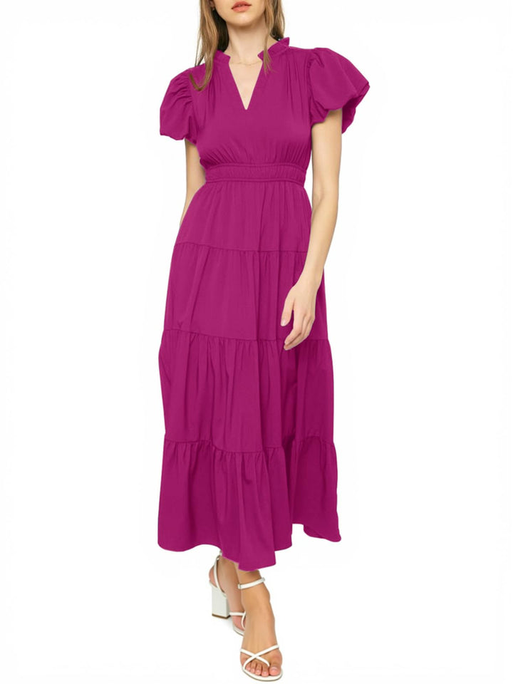Damen Midikleid mit Puffärmeln &amp; V-Ausschnitt | Gesmokte Taille &amp; stufiger Rock | Fließend, atmungsaktiv, S–XXL