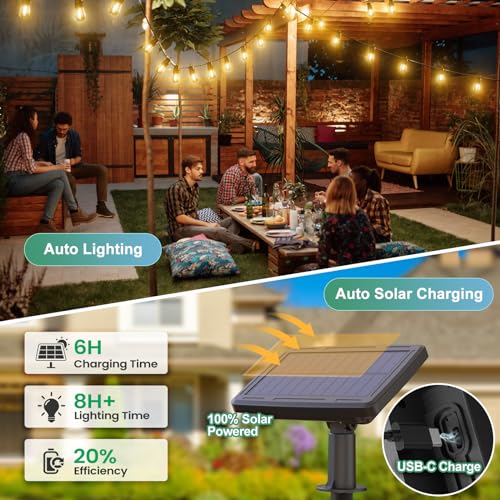 Solar Lichterkette außen 15,8 m mit Fernbedienung | IP65, 2700K warmweiß, 4 Lichtmodi und USB-C-Ladefunktion