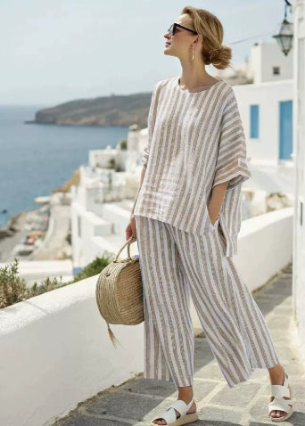 Damen 2-teiliges Sommer Set mit Fledermausärmeln | Lockeres Shirt &amp; Gerade Hose | Lässiger Freizeit Look