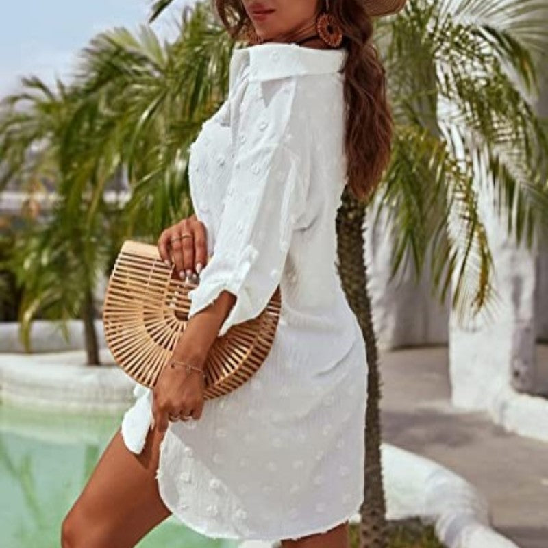 Damen Chiffonbluse mit Seitenschlitz | Lange Tunika mit Reißverschluss &amp; Stehkragen | Leichte Sommerbluse
