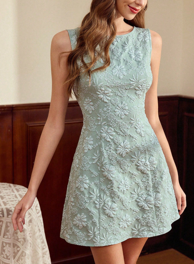 Damen Sommerkleid | Ärmelloses Midikleid mit floralem Jacquard-Muster im eleganten Stil