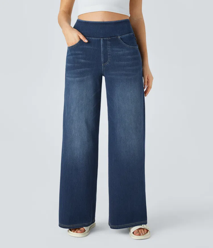 Damen Jeans High Waist Wide Leg | Vier-Wege-Stretch &amp; ohne Reißverschluss | Bequem, formend &amp; mit Taschen, XS–5XL