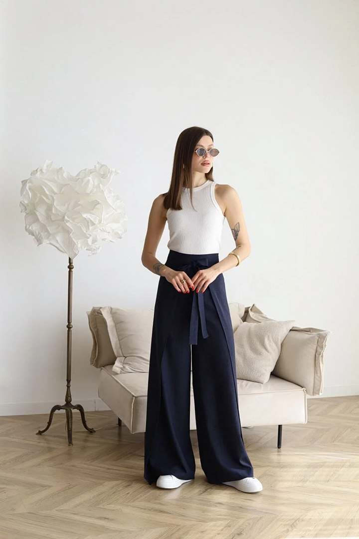 Pantalon en lin femme | Jambe large &amp; design portefeuille | Taille haute, confortable &amp; élégant pour quotidien &amp; occasions spéciales