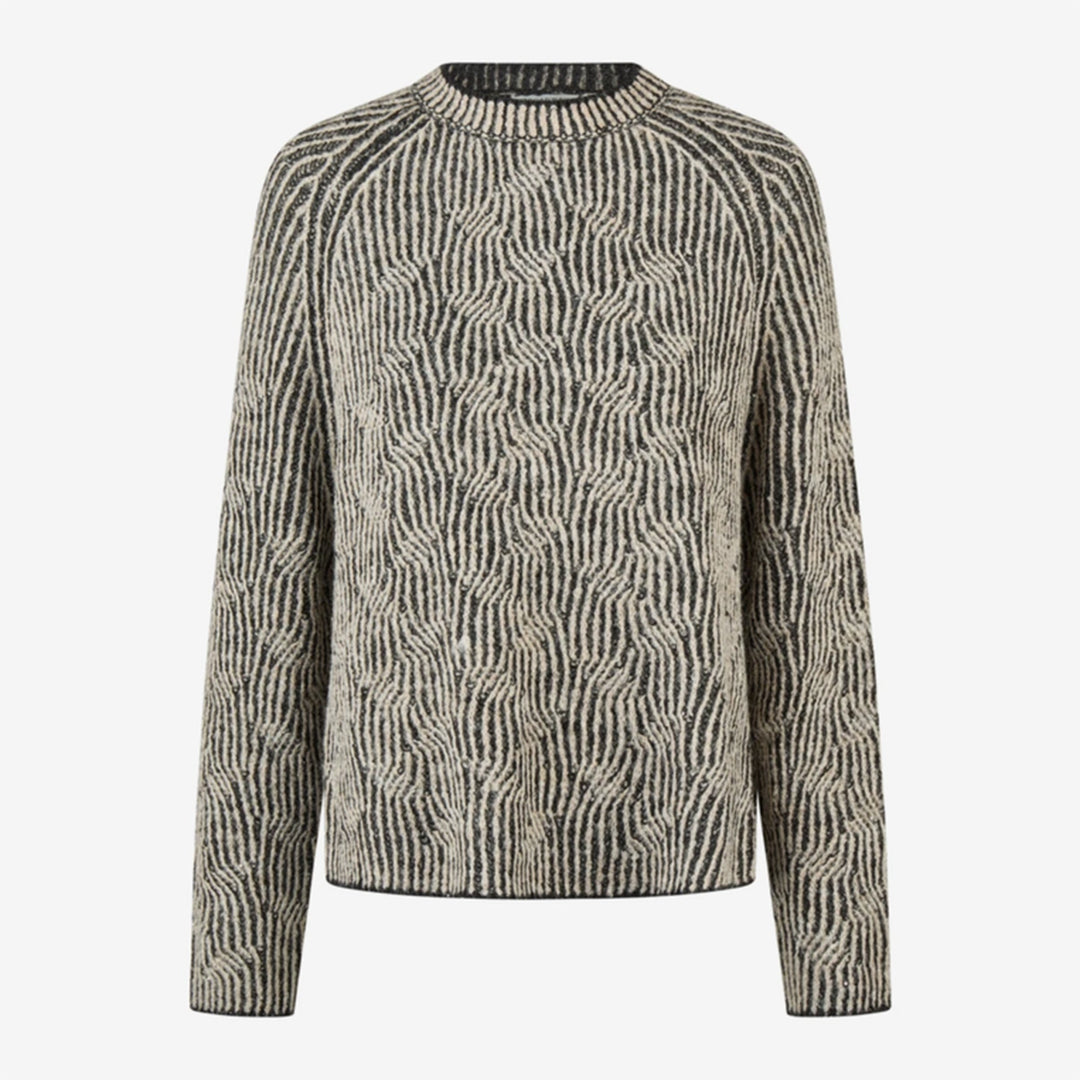 Damen Strickpullover Schwarz mit Strukturmuster | Zweifarbige Wellenoptik, Rundhalsausschnitt und locker gerader Schnitt