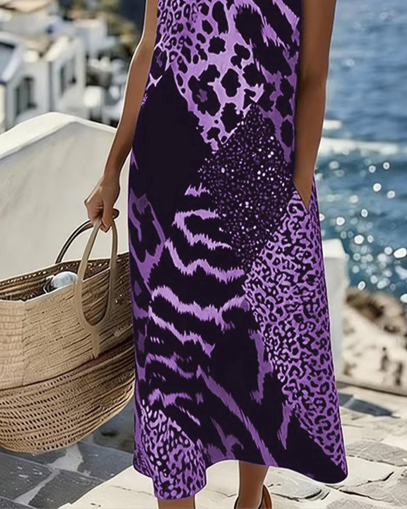 Damen Midi Kleid mit Leopardenmuster | Ärmelloses Shiftkleid aus Baumwollmischung | Luftiger Sommer-Look