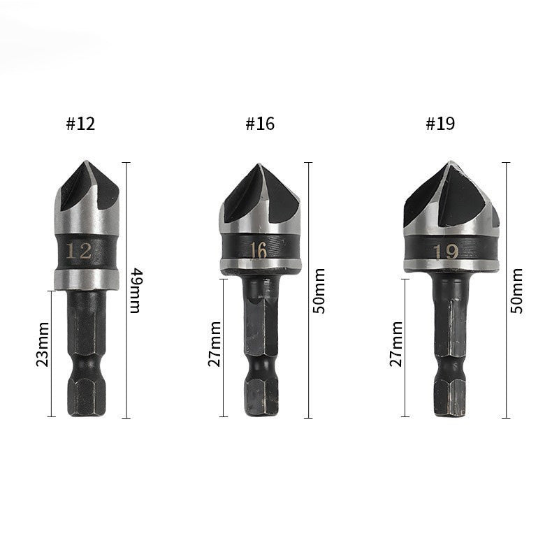 Countersink drill bit set with hex shank | Clean, splinter-free holes &amp; smooth edges | 5 flutes for chip removal | Carbon steel | 3- or 5-piece