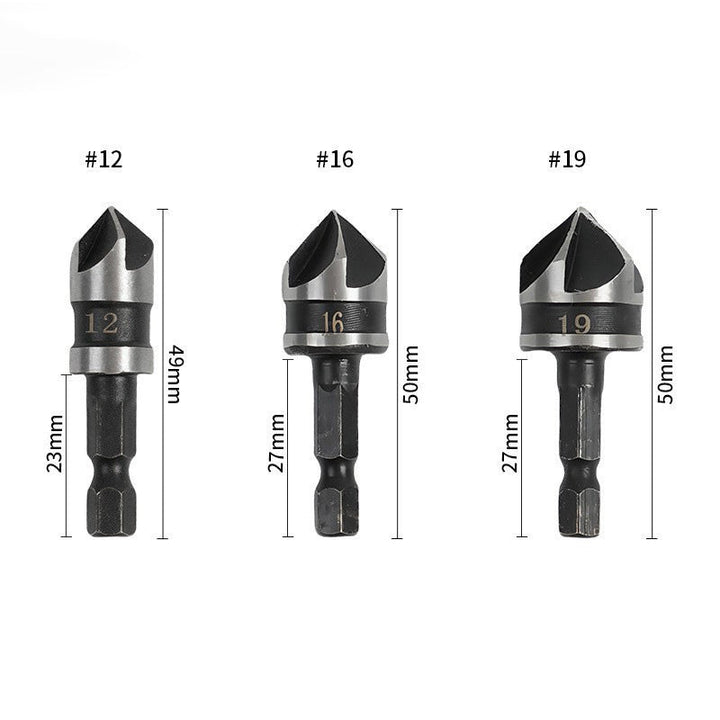 Countersink drill bit set with hex shank | Clean, splinter-free holes &amp; smooth edges | 5 flutes for chip removal | Carbon steel | 3- or 5-piece