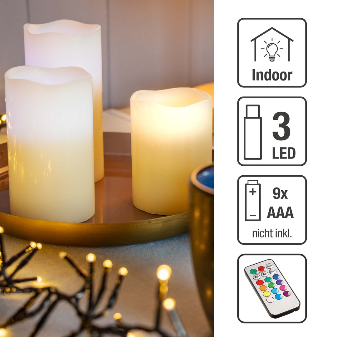 LED Kerzen 3er Set Weiß mit Farbwechsel | Ø 7,5 cm mit Fernbedienung und Timer | Batteriebetrieben für den Innenbereich