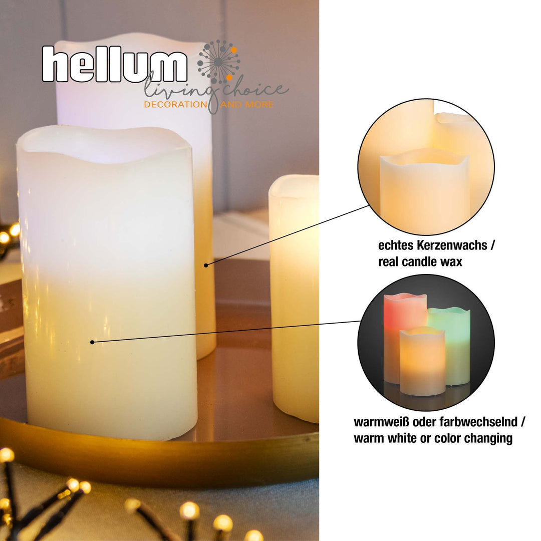 LED Kerzen 3er Set Weiß mit Farbwechsel | Ø 7,5 cm mit Fernbedienung und Timer | Batteriebetrieben für den Innenbereich
