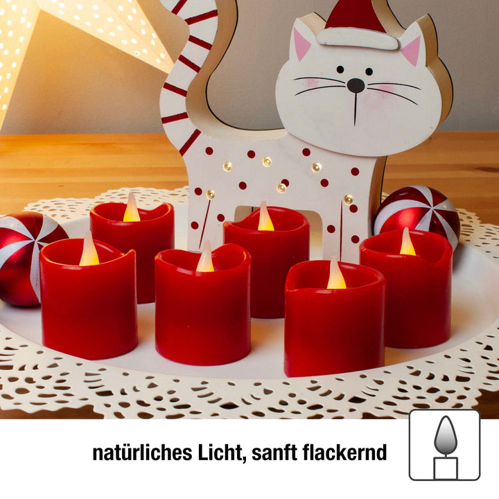 LED Wachskerzen Rot 6er Set aus Echtwachs | Flammenlose Kerzen mit Flackereffekt und CR2032-Batterien für Weihnachtsdeko