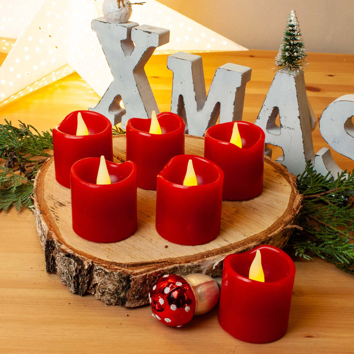 LED Wachskerzen Rot 6er Set aus Echtwachs | Flammenlose Kerzen mit Flackereffekt und CR2032-Batterien für Weihnachtsdeko