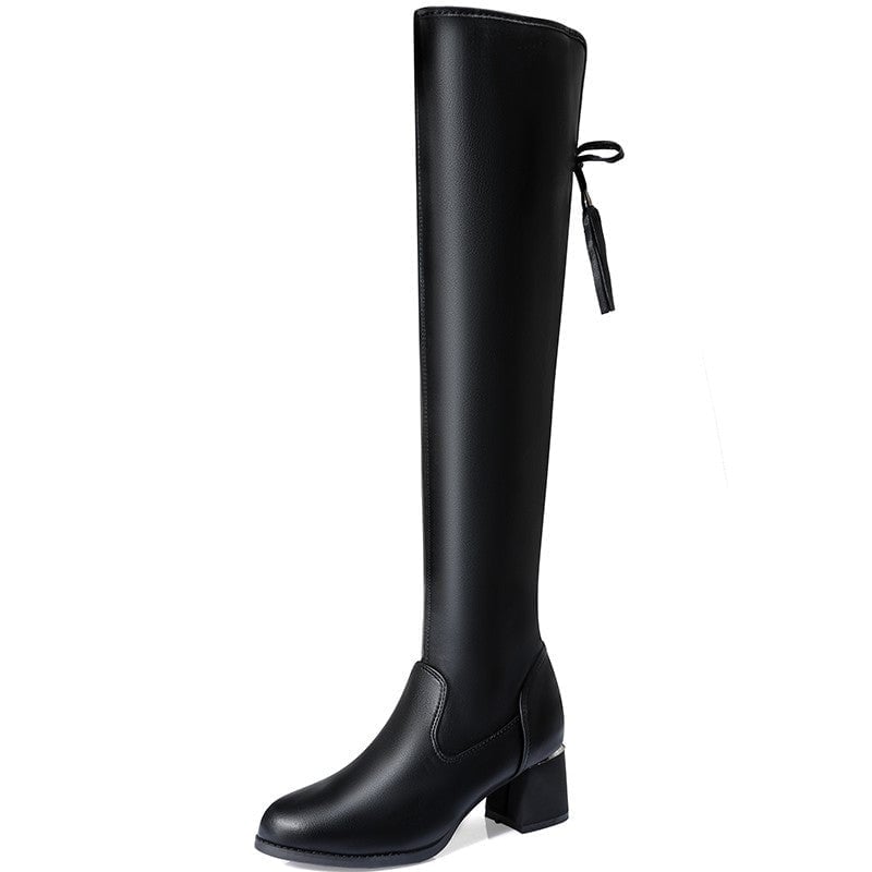 Damen Overknee-Stiefel mit Stretchschaft | Oberschenkelhohe Stiefel mit seitlichem Reißverschluss, Schnallendetail und 5 cm Absatz Beschreibung (HTML):