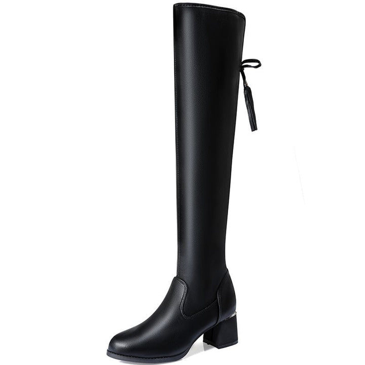 Damen Overknee-Stiefel mit Stretchschaft | Oberschenkelhohe Stiefel mit seitlichem Reißverschluss, Schnallendetail und 5 cm Absatz Beschreibung (HTML):